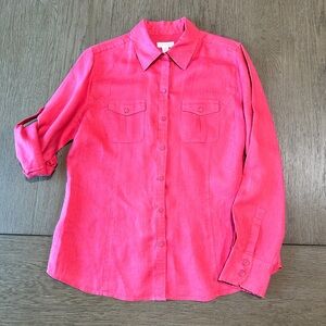 Charter Club 100% Linen Button Down Blouse Size 12 Pink Coral